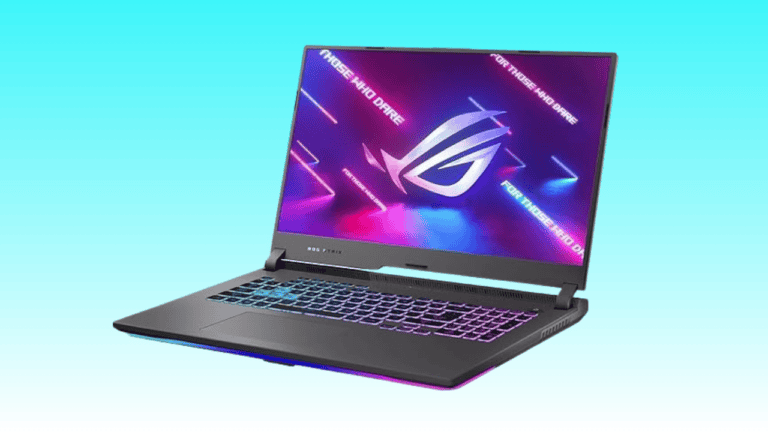 A feature-packed ASUS gaming laptop with an open lid displaying a vibrant wallpaper with the ASUS ROG logo, set against a plain light blue background.