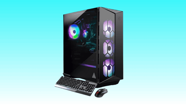 Gaming PC tower with transparent side panel showing internal components and multicolored LED lights, accompanied by a keyboard and mouse on a blue background. Featured as an Amazon deal.