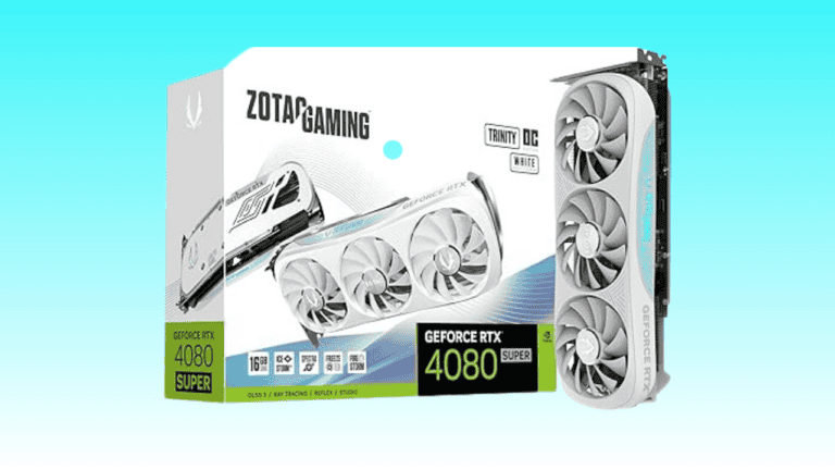 Image of a ZOTAC gaming GeForce RTX 4080 Super graphics card in white, pictured with its retail box.