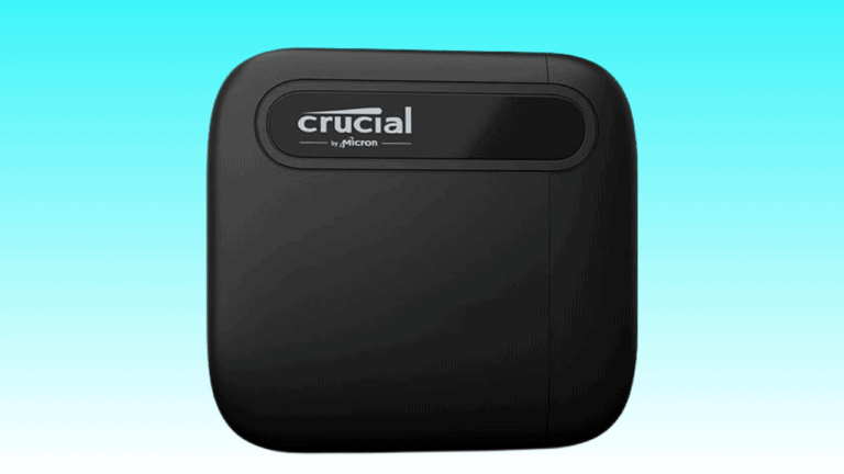 Black Crucial X6 SSD with logo on a plain teal background.