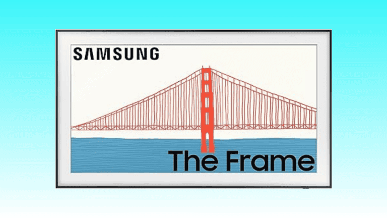 Samsung Frame TV displaying a graphic of the Golden Gate Bridge on its screen, mounted on a wall.