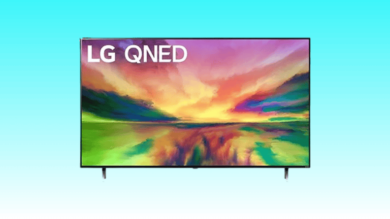 An LG QNED TV displaying a vibrant, colorful landscape with a reflective lake under a sunset sky.
