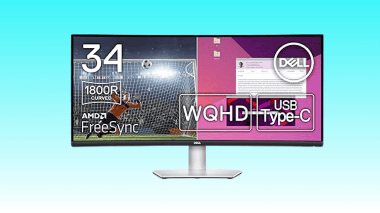 Dell S3423DWC curved monitor displaying a soccer game and product features, highlighting WQHD resolution, USB Type-C, and AMD FreeSync technology.