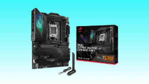 Asus ROG Strix X670E-F Gaming WiFi motherboard and its packaging box displayed against a teal background.