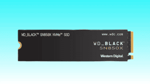 WD_BLACK SN850X NVMe SSD memory drive, labeled, on a blue background.