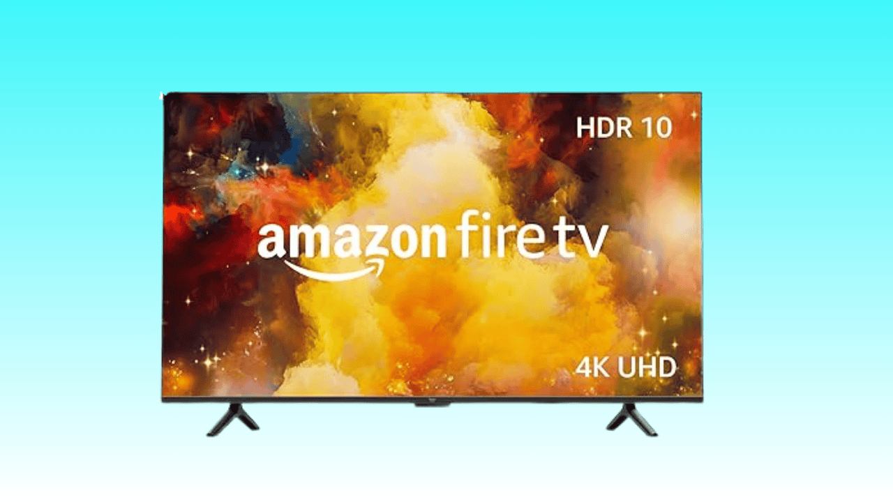A television screen from the Omni Series displaying a vibrant, abstract art background with the Amazon Fire TV logo, highlighting HDR 10 and 4K UHD features.