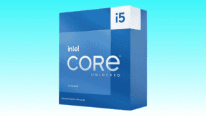 A 13th gen Intel Core i5-13600KF unlocked processor box against a blue background.