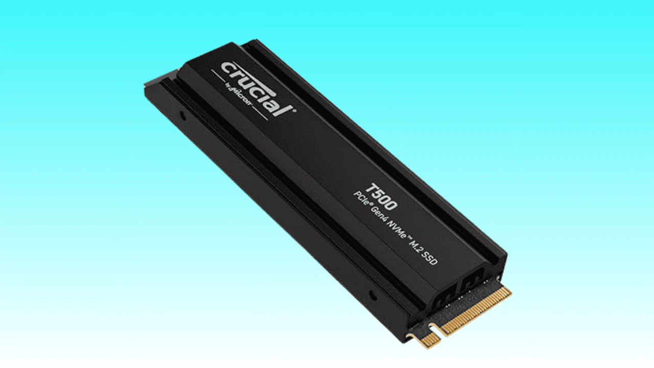 A blazing-fast Crucial SSD NVMe M.2 solid-state drive on a blue background.