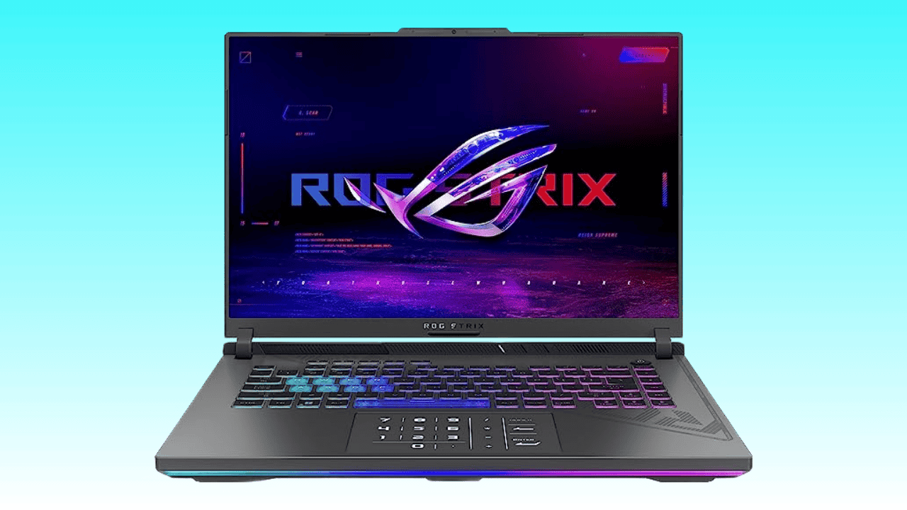A gaming laptop displaying the ROG Strix wallpaper on its screen, set against a blue background, features an exclusive Amazon deal for the ASUS ROG Strix G16 with RTX 4050