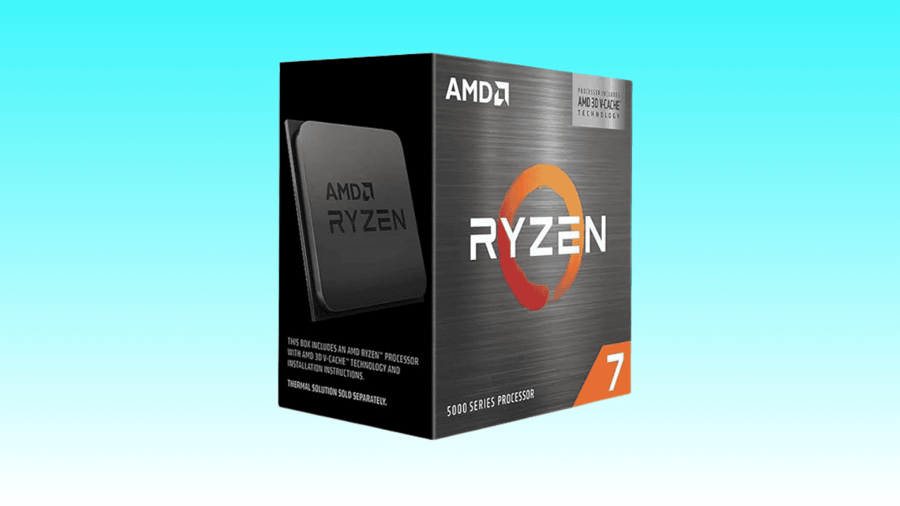 Product box of an AMD Ryzen 7 5800X3D processor against a blue background with an Amazon discount tag.