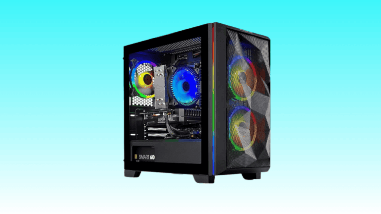 A high-end SkyTech mini gaming PC with RGB lighting and visible internal components through a transparent side panel on a blue background.