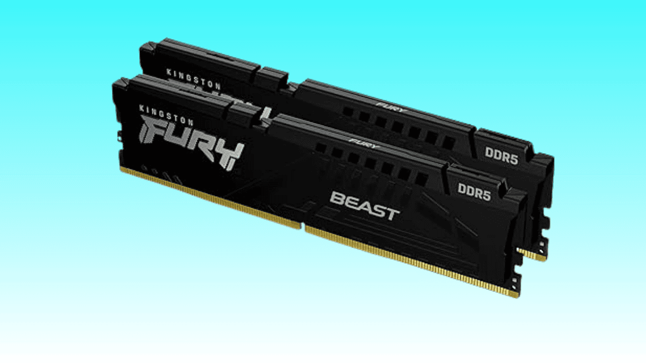 Two sticks of Kingston Fury Beast DDR5 memory isolated on a teal background.