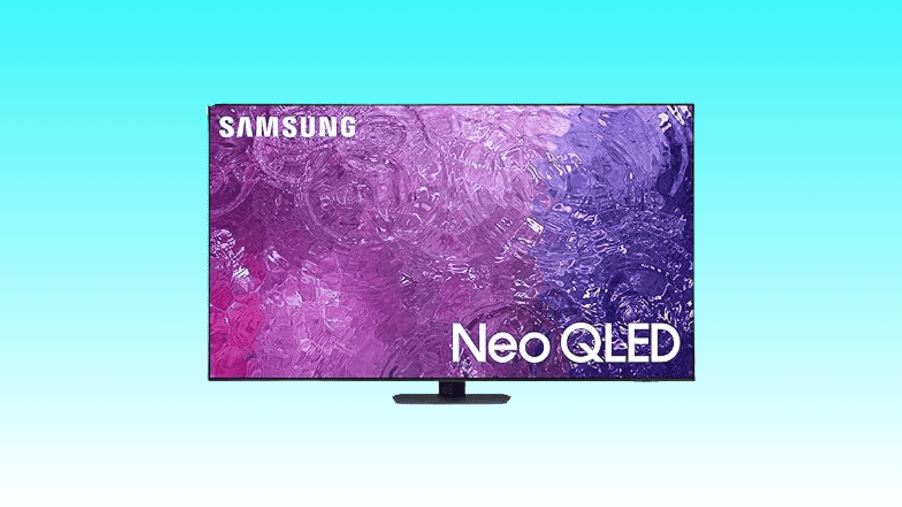 Samsung Neo QLED 4K TV with a colorful abstract screen design on a light blue background.