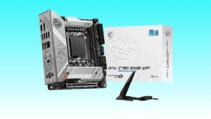 A motherboard beside its packaging box marked "MSI MPG Z790I Motherboard," with a wi-fi antenna included, all against a teal background.