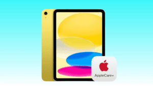 Yellow iPad 10th Gen displayed vertically with the AppleCare+ logo on a blue background.
