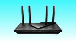 A black TP-Link AX1800 WiFi 6 Router with three antennas on a light blue background.