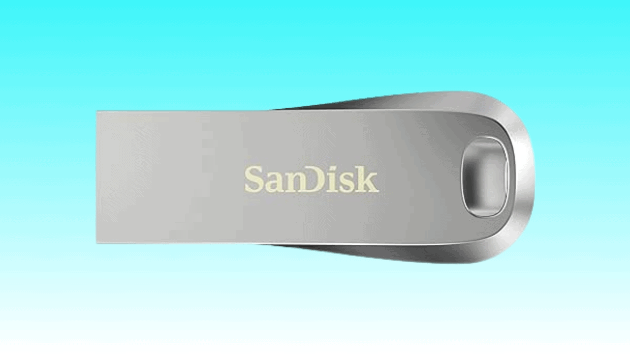 Silver SanDisk Ultra Luxe USB flash drive on a blue background.