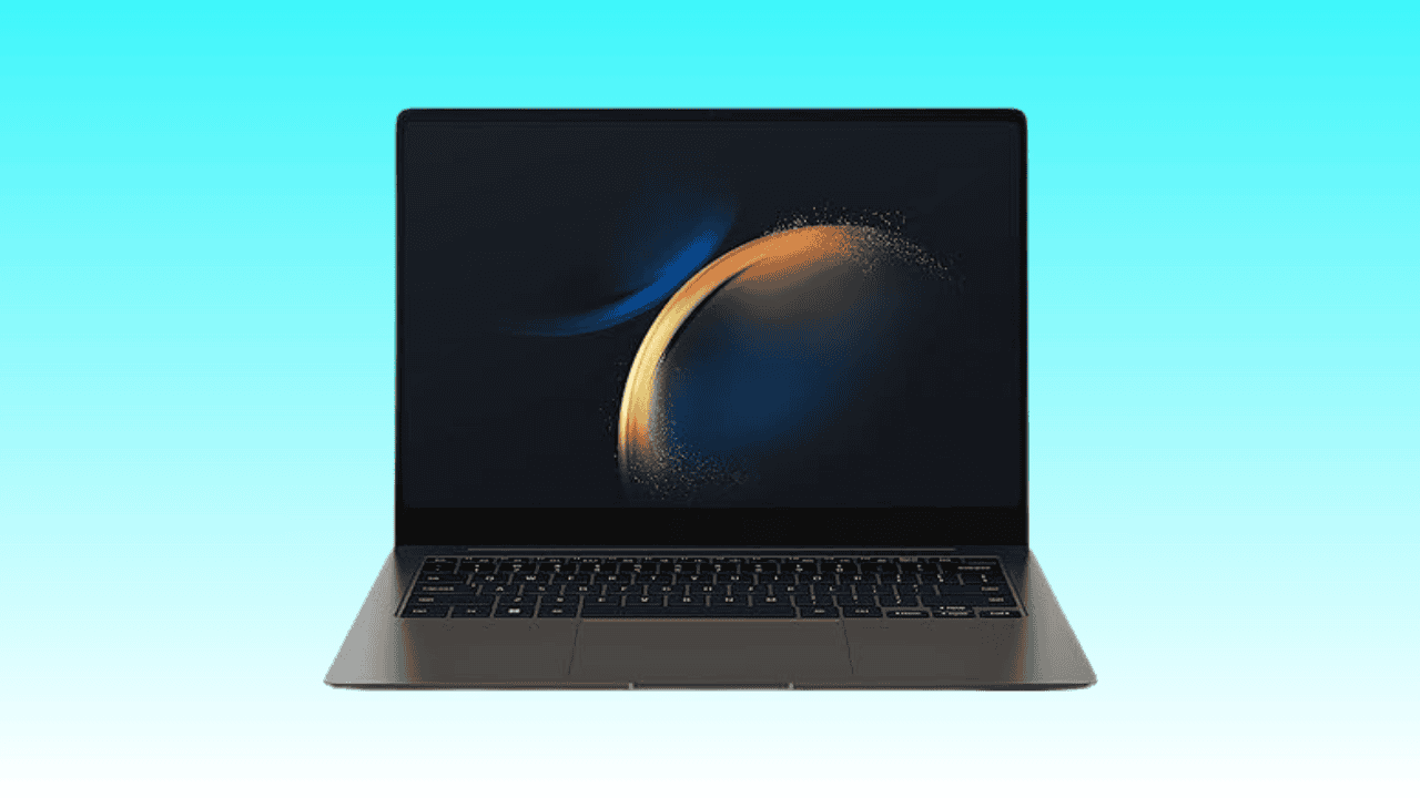 A modern Samsung Galaxy Book3 Pro displaying a celestial-themed wallpaper on a gradient turquoise background.