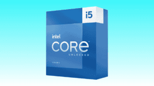A 13th generation Intel Core i5-13600K unlocked processor box in vibrant blue on a gradient blue background.