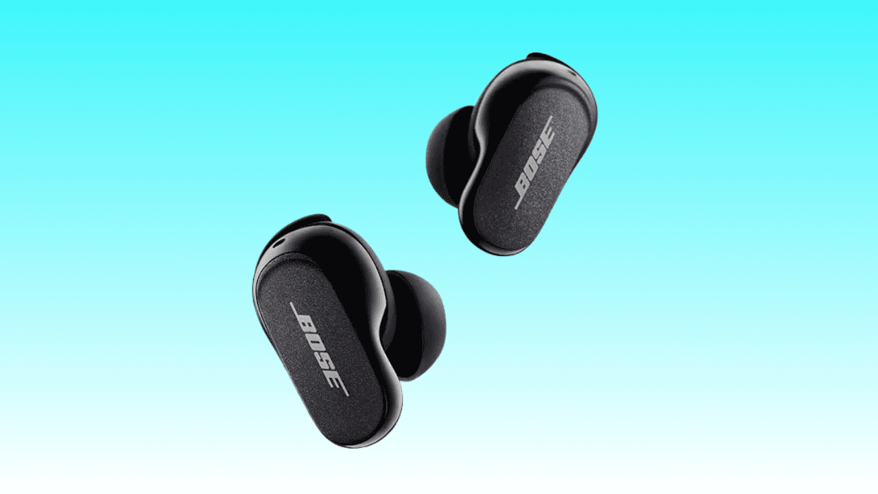 Two black Bose QuietComfort Earbuds II floating against a gradient blue background.