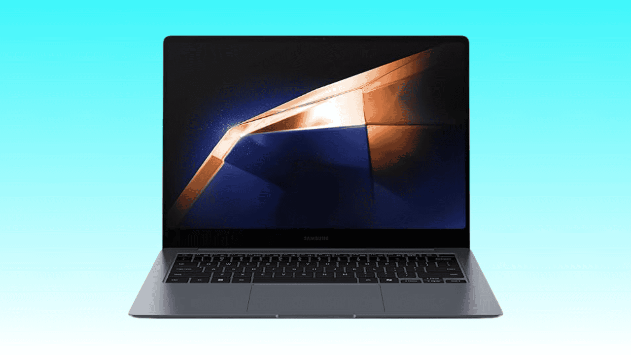 A Samsung Galaxy Book4 Pro laptop with an open dark-colored screen displaying a glowing golden line design, centered on a light blue background.