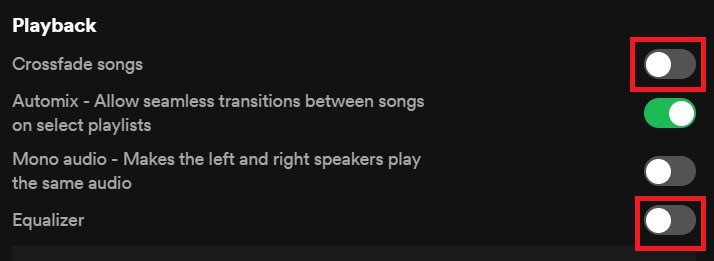 Screenshot of Spotify audio settings featuring toggle switches for crossfade, automix, mono audio, equalizer options, and reduce CPU usage.