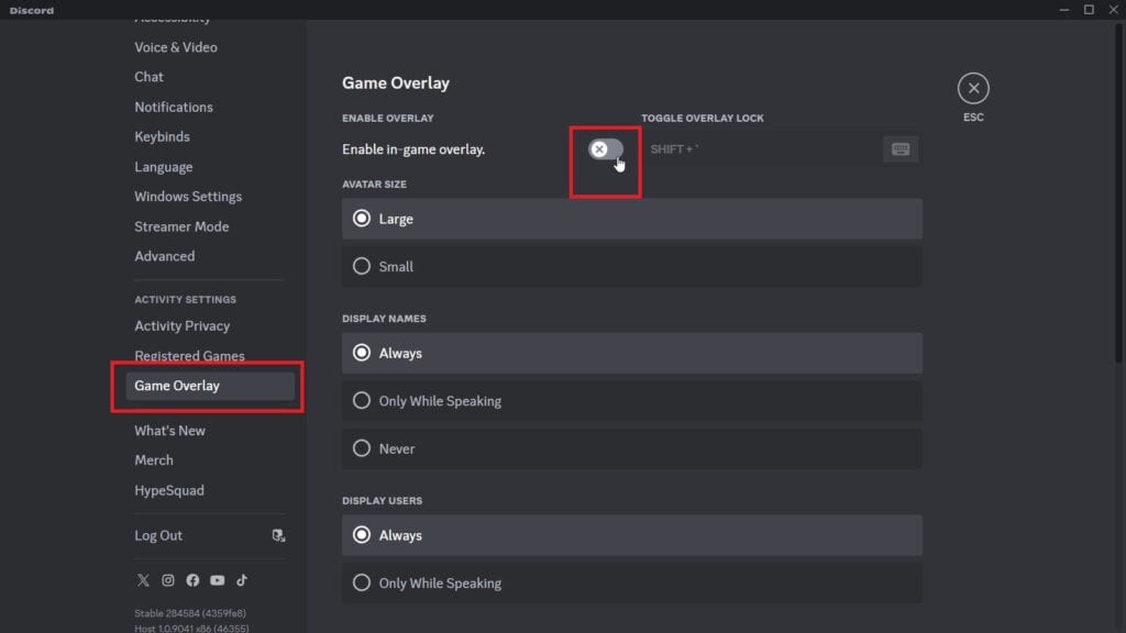 Screenshot of the Discord settings interface highlighting the "game overlay" section with options for avatar size and display style to reduce CPU usage.