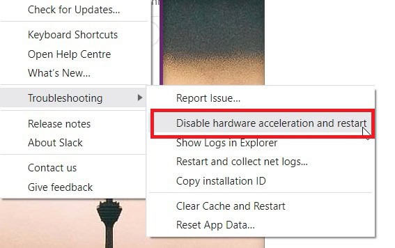 Screenshot of a dropdown menu in Slack with the option "reduce CPU usage and restart" highlighted in red.