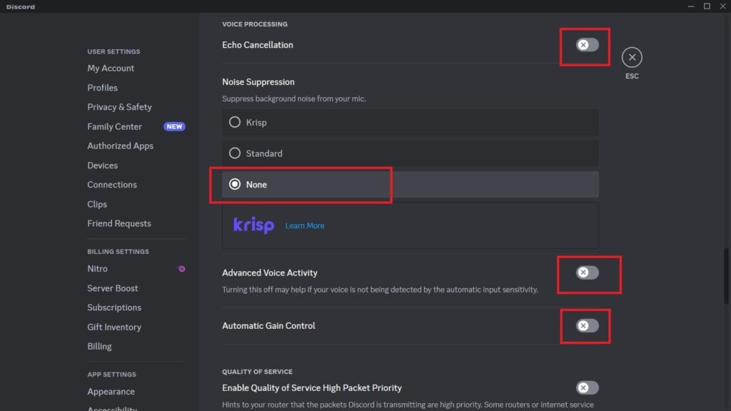 Screenshot of Discord settings focused on 'voice & video' with options for noise suppression and Krisp highlighted, showing toggles and icons to reduce Discord CPU usage.