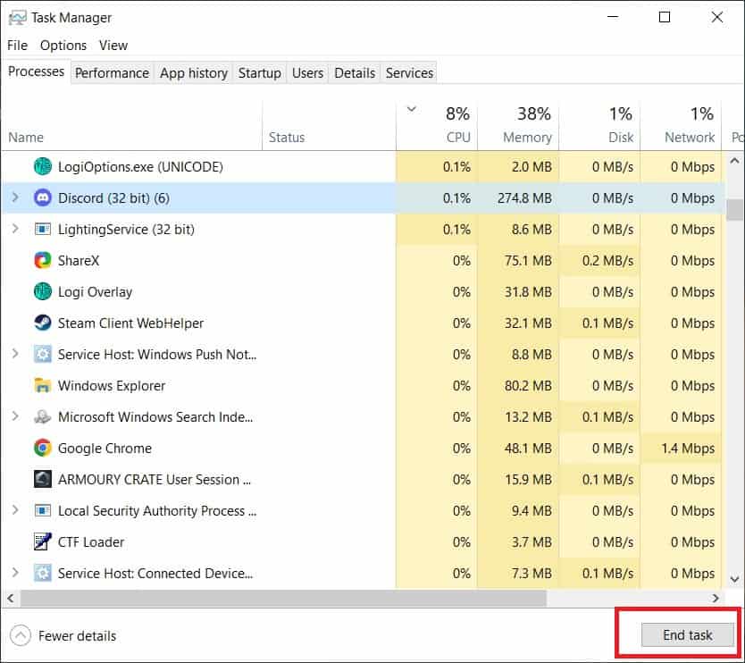 Screenshot of the task manager window on a computer, showing a list of running processes including Discord with high CPU usage and an 'end task' button highlighted at the bottom right.
