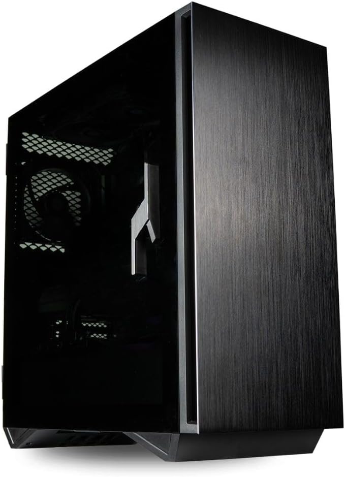 A modern black Empowered PC Sentinel tower with a visible internal structure through a transparent side panel, set against a dark background.