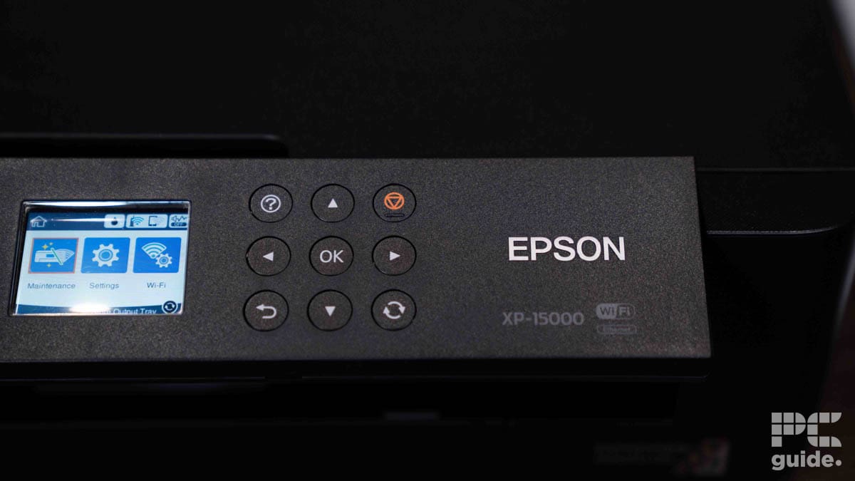 PC Guide printer lab testing - Epson printer control panel with a digital screen ©BGFG