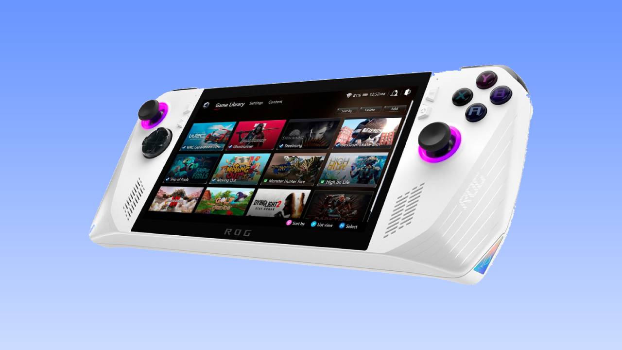 A white gaming handheld console with a display showing a selection of video games, featuring the Ryzen Z1 ASUS ROG Ally.