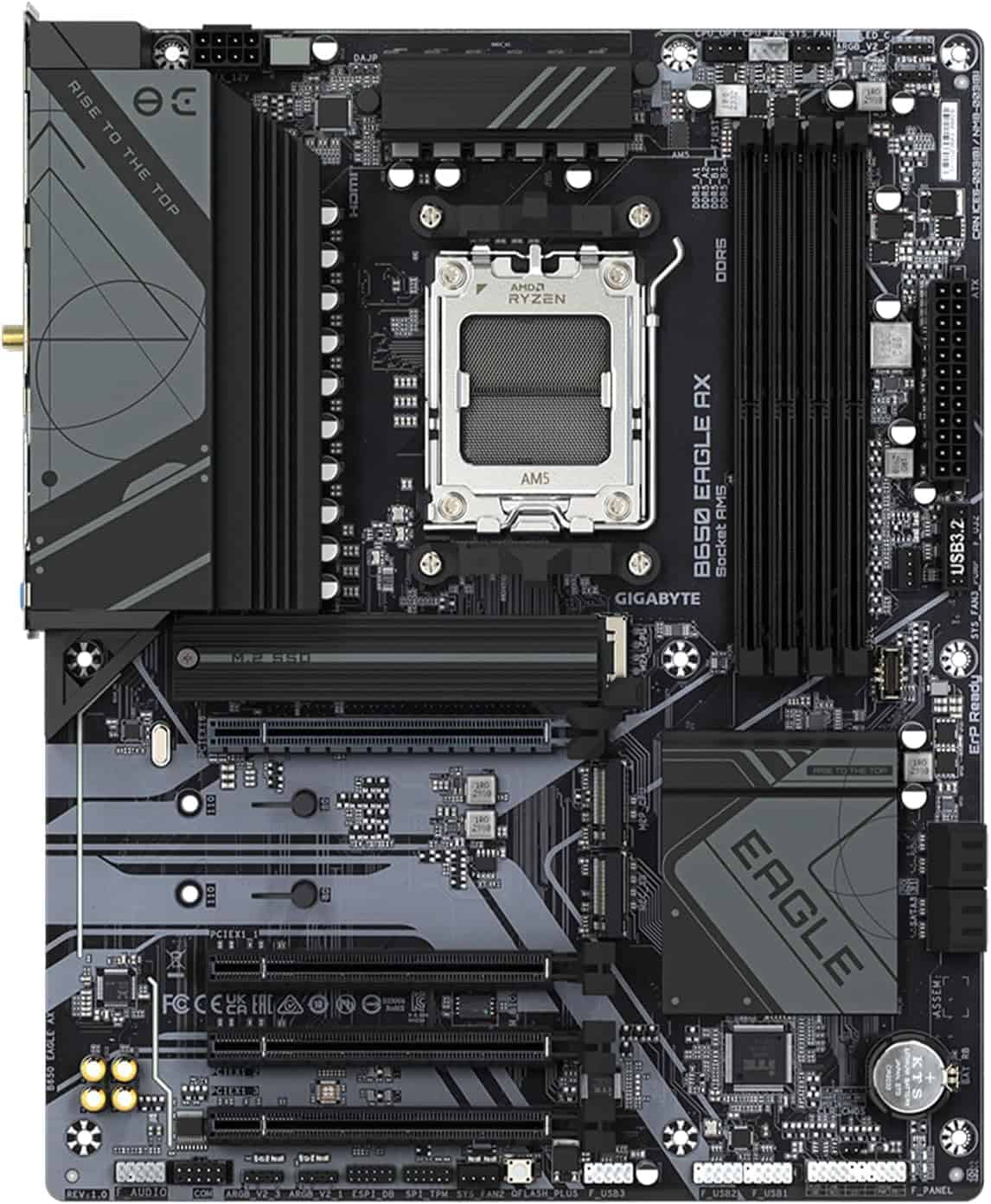 Top view of an Eagle AX motherboard with an am4 cpu socket and multiple expansion slots.