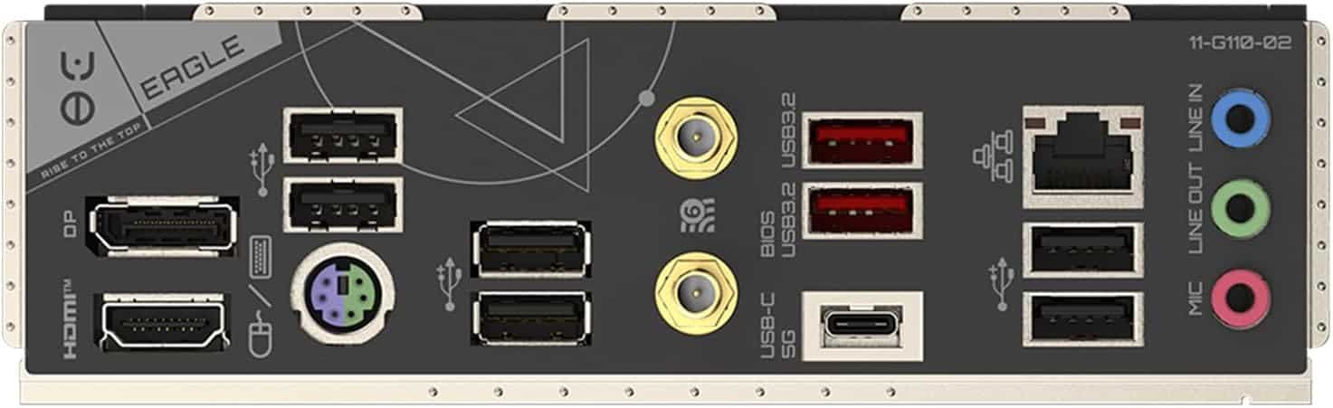 Rear panel of a GIGABYTE B650 Eagle AX motherboard with various ports for connectivity including USB, audio jacks, Ethernet, and display outputs.