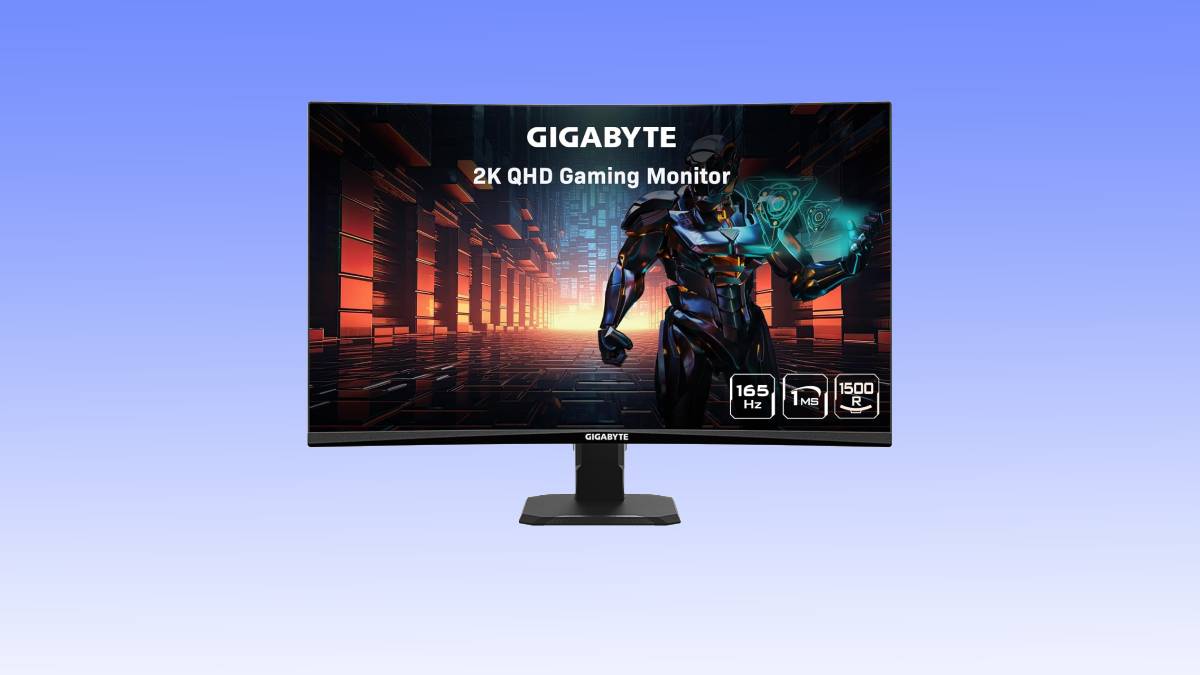 Gigabyte 2k qhd gaming monitor deal with a futuristic game character displayed on screen.