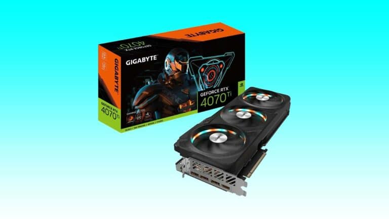 A gigabyte geforce rtx 4070 ti graphics card alongside its product box, set against a turquoise background, includes an auto draft feature.