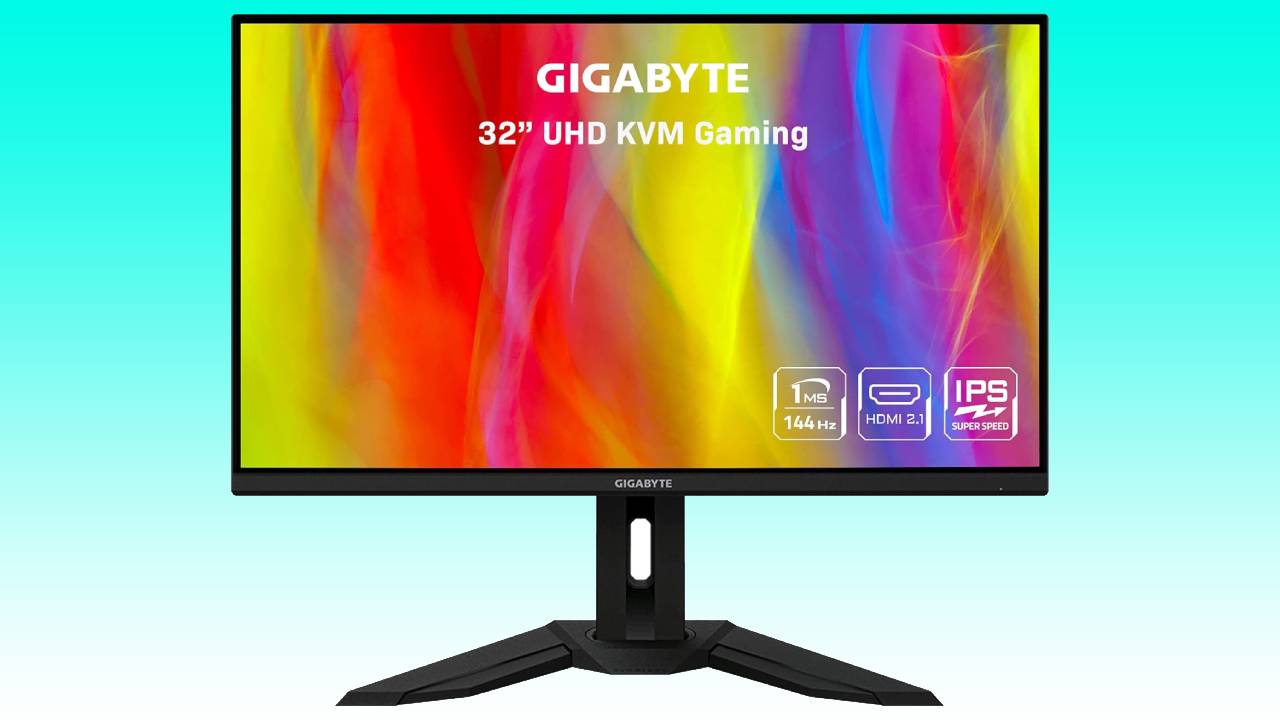 32-inch gigabyte 4K UHD gaming monitor displaying vibrant colors, with features such as 1ms response time, 144hz refresh rate, HDMI 2.1, and IPS technology