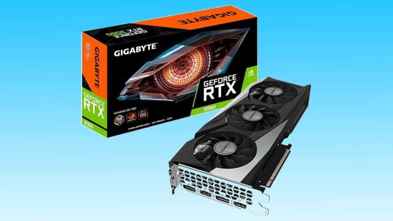Gigabyte RTX 3060 OC graphics card with triple fans, displayed alongside its retail box against a blue background.