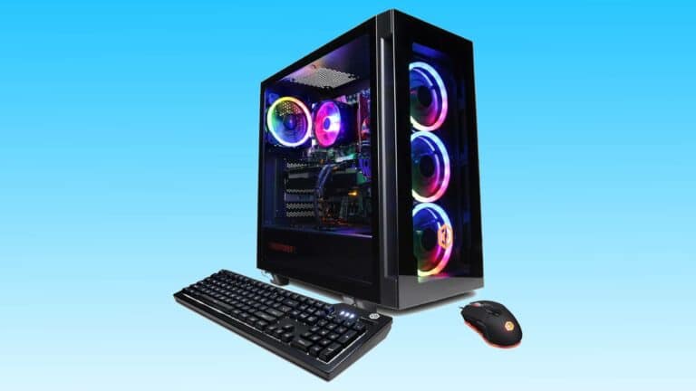 High-end gaming PC with RTX 4060, RGB lighting, visible internal components, accompanied by a keyboard and mouse, against a blue gradient background.