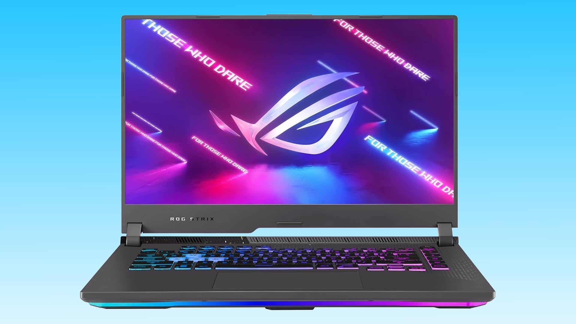 Asus ROG Strix gaming laptop with an open colorful neon-lit screen showcasing the brand logo, set on a blue background.