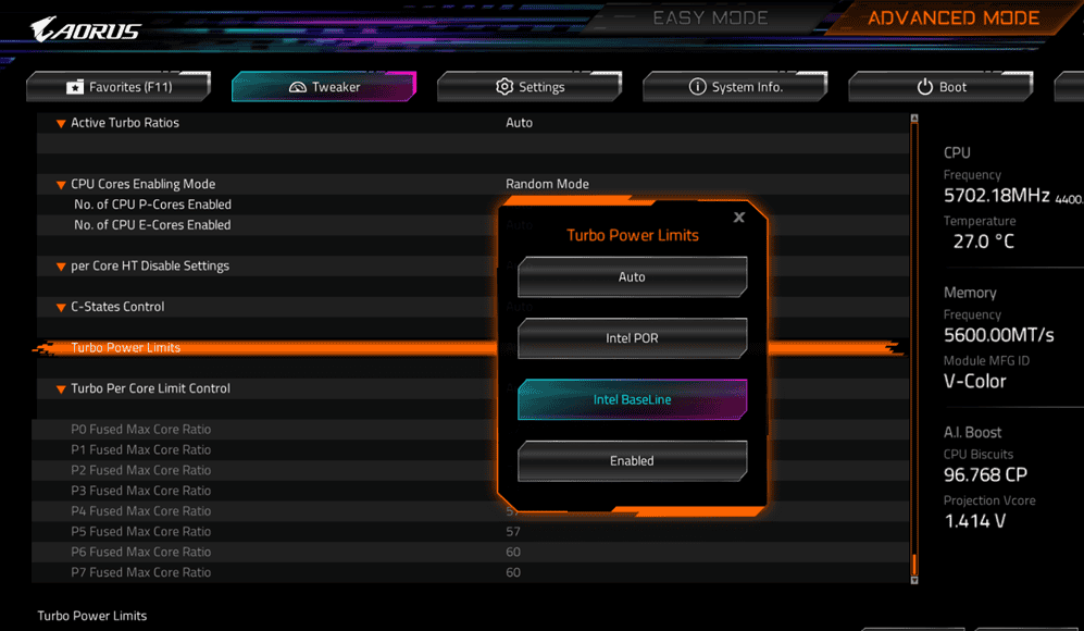 Screenshot of a computer bios settings interface from Gigabyte highlighting advanced Intel CPU options with various performance parameters like core ratios, temperature, and memory frequency displayed.