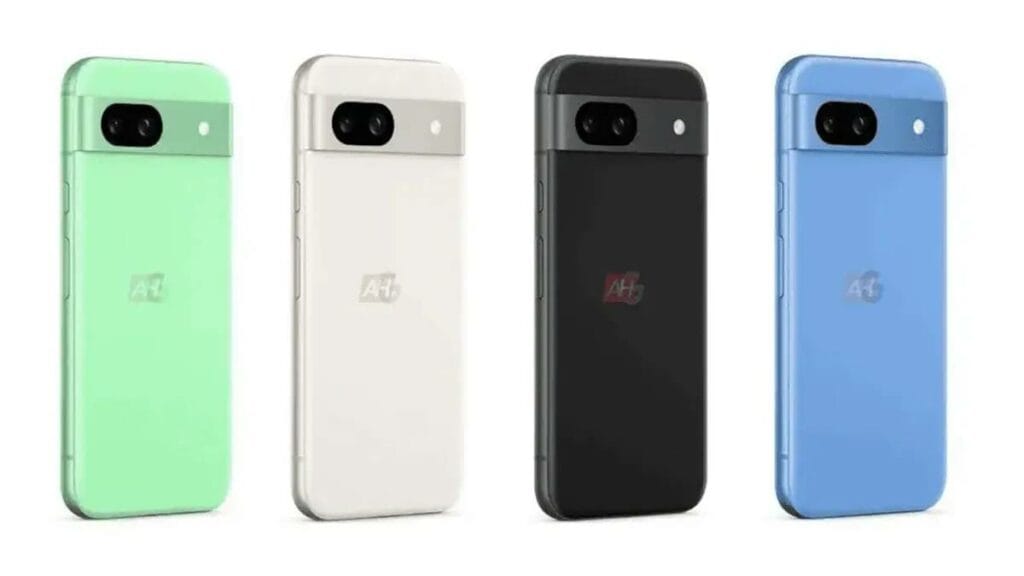 Four smartphones in green, white, black, and blue colors, displayed from the back with a camera module and Google Pixel 8a brand logo visible.