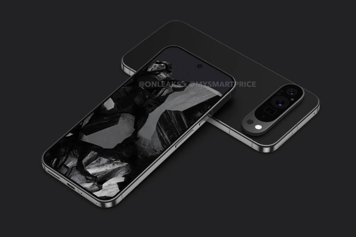 Two modern Google Pixel 9 smartphones with abstract black and white wallpaper and triple camera setup, displayed on a dark gray background.