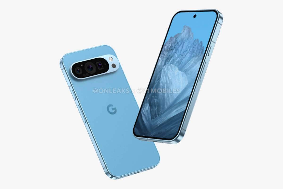 A blue Google Pixel 9 smartphone with dual rear cameras, one flipped open to show its wallpaper of a mountain landscape, on a white background.