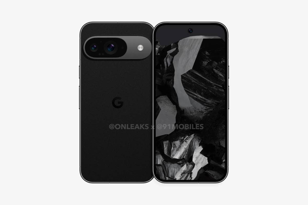 A Google Pixel 9 smartphone with dual rear cameras and a screen displaying a black and white abstract wallpaper.