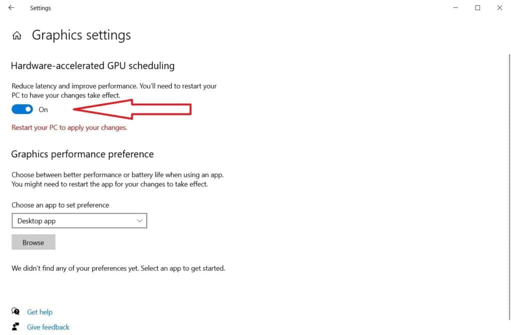 Screenshot of the graphics settings window on a computer, with the "How to enable Hardware Accelerated GPU Scheduling" option highlighted by a red arrow.