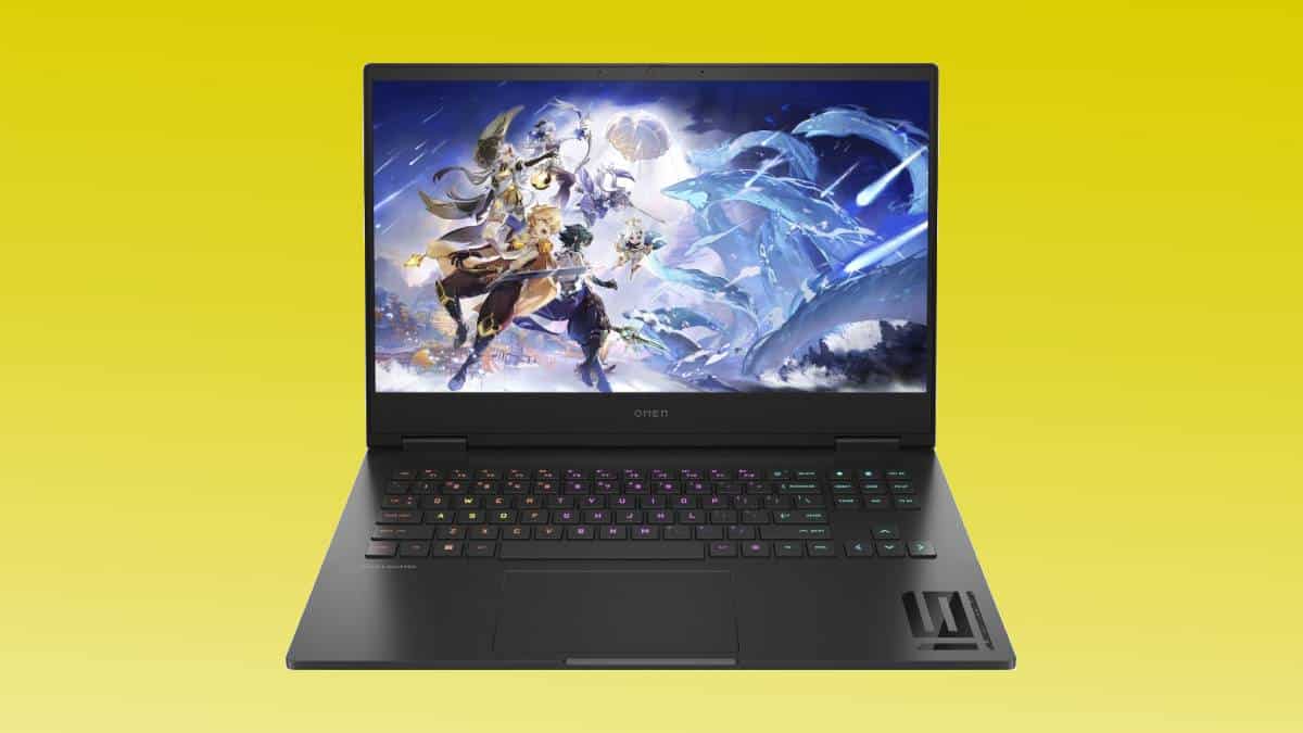 16-inch gaming laptop displaying a fantasy battle scene wallpaper on a yellow background.