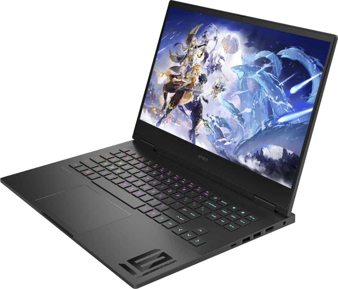 Gaming laptop with colorful keyboard backlighting displaying fantasy artwork on screen, featuring an HP OMEN 165Hz Full HD display.