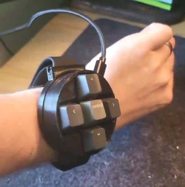 A custom-made keypad wrist rest wrapped around a foot.